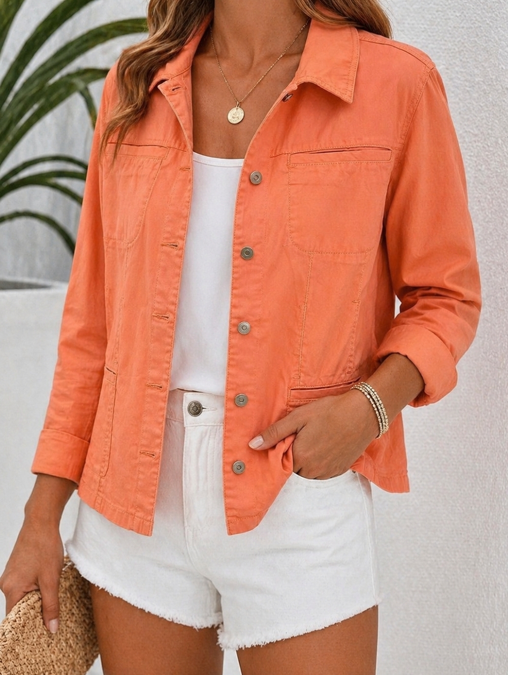 Bamboo Traders Orange Utility Jacket XL Cotton Blend Button Front Pockets